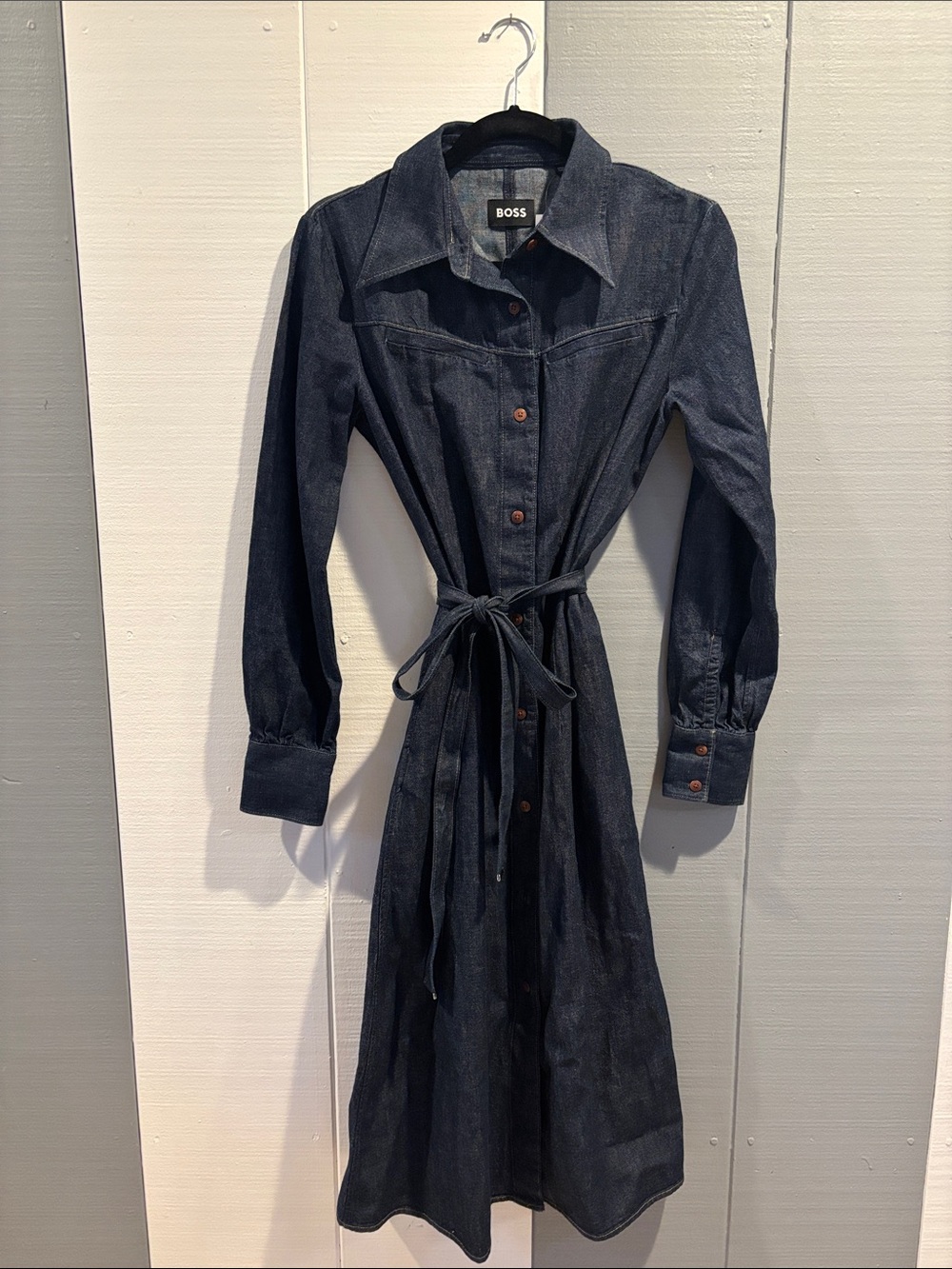 BOSS Dark Denim Long-Sleeve Shirtdress with Waist Tie